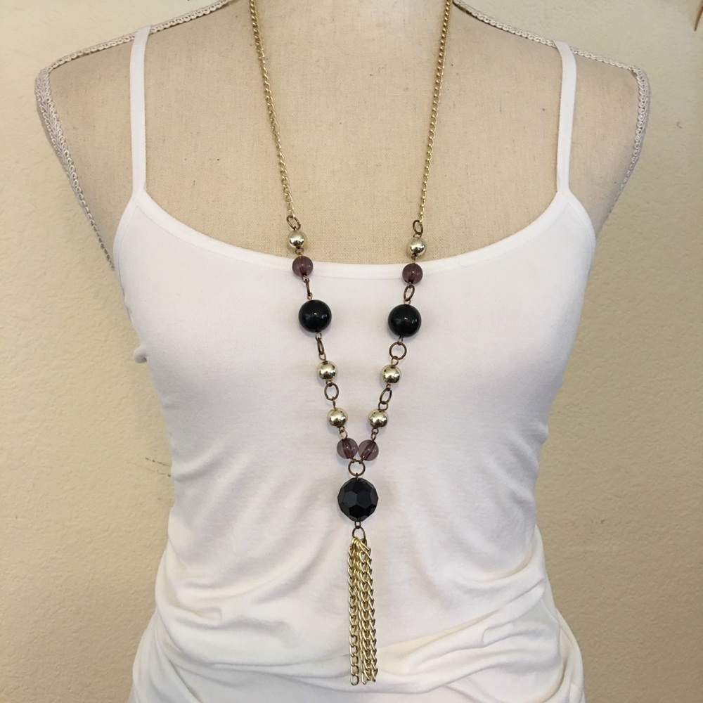 Vintage 80s beaded chain tassel long necklace